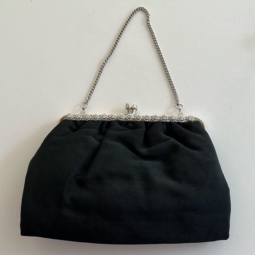 EVENING BAG Black Fabric Silver Tone Frame Style Chain Strap Rhinestone Detail